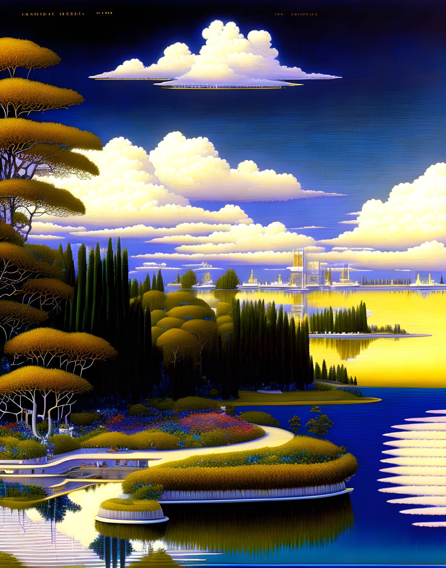 Vibrant landscape digital artwork with golden trees and calm waters