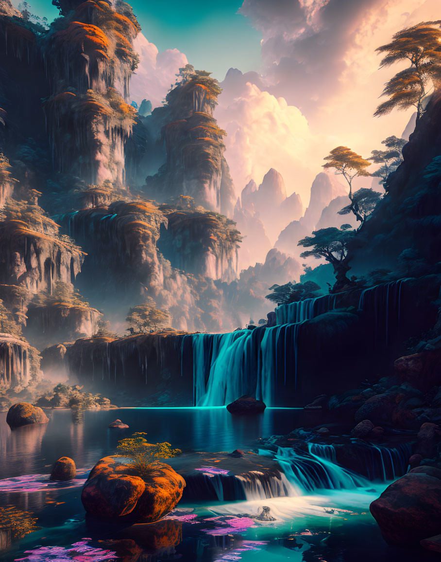 Fantastical landscape with waterfalls, misty peaks, lush vegetation, and tranquil river