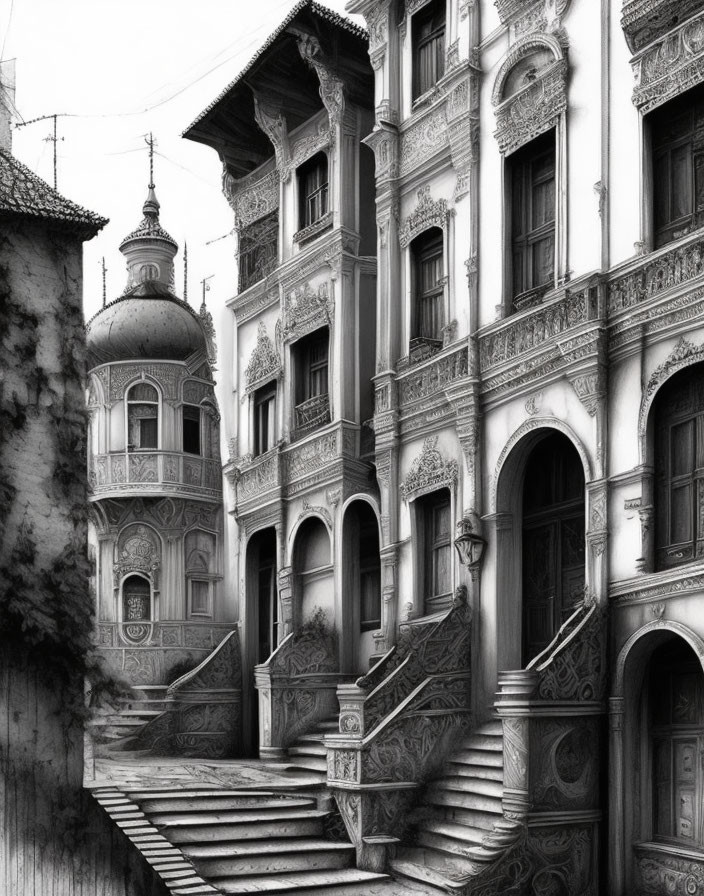 Intricate monochrome architectural design with dome, staircase, and arched entrances