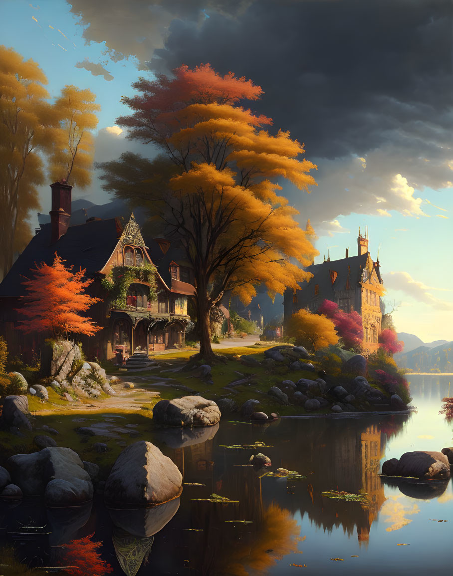 Victorian-style house and castle in autumn setting by serene lake