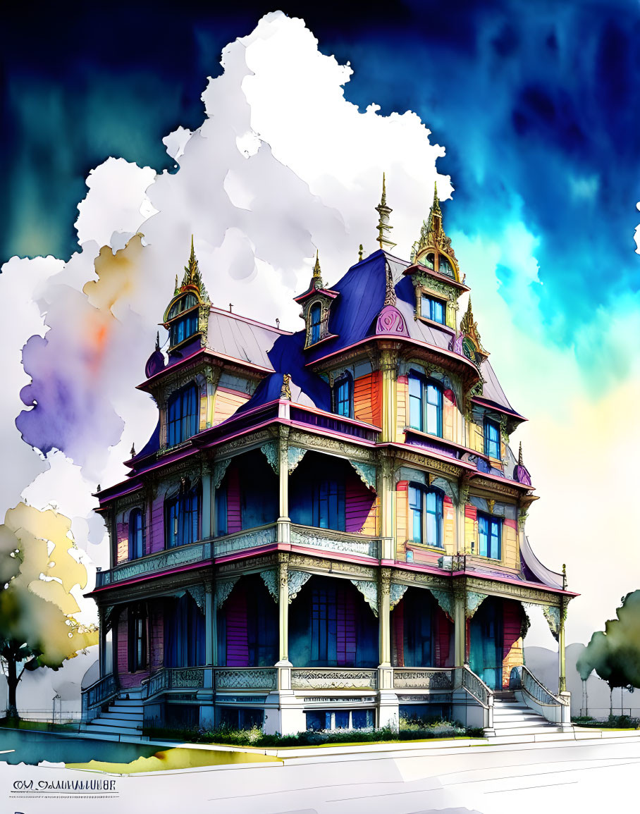 Victorian-style mansion with blue and purple hues and ornate roofing