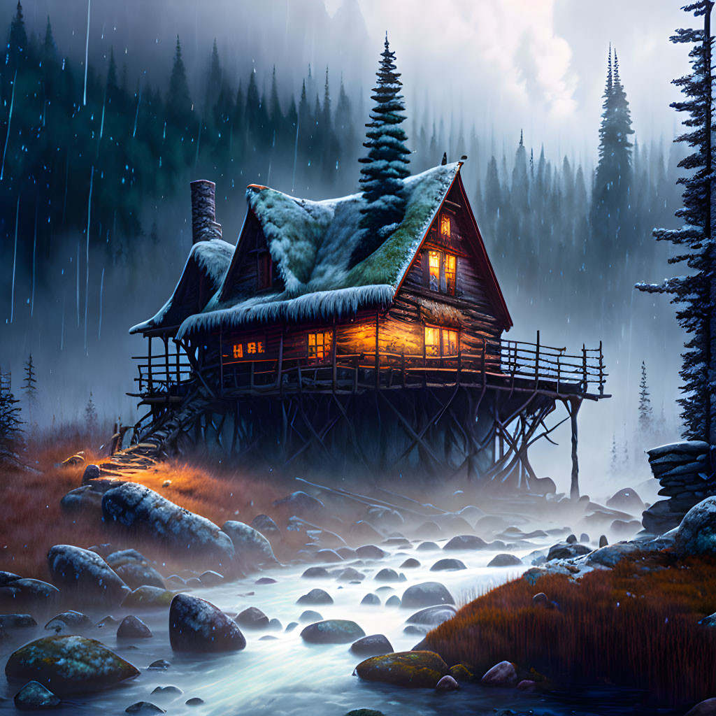 Secluded cabin on stilts in misty forest near stream