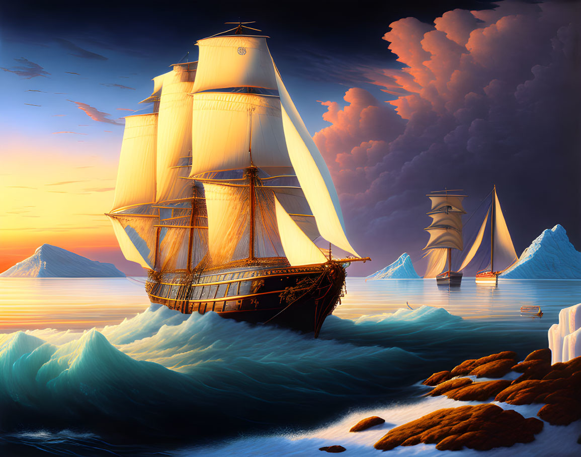 Tall ship sailing on shimmering sea at sunset with full sails.