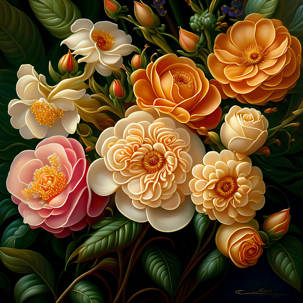 Colorful digital painting of vibrant bouquet with yellow, orange, and pink flowers