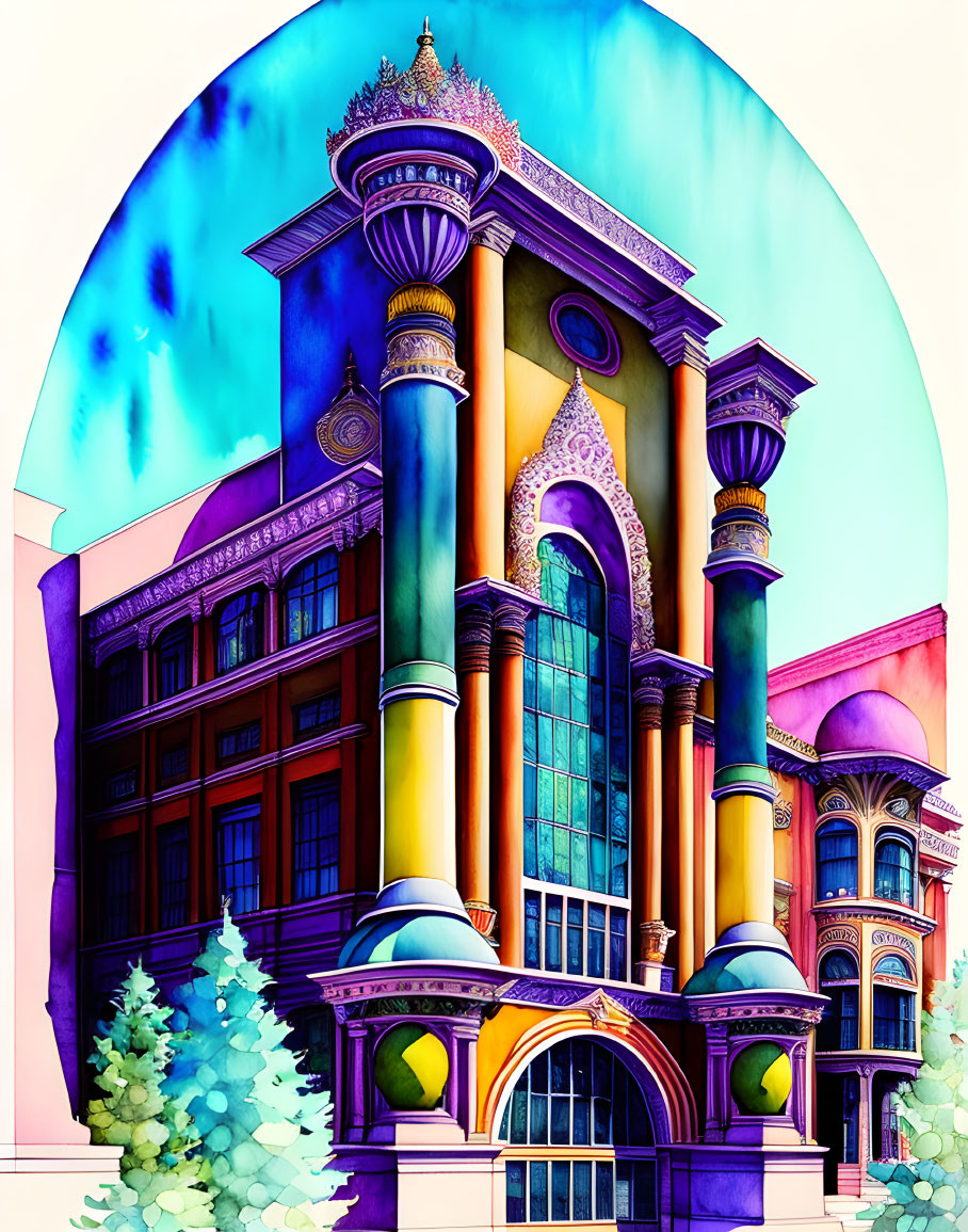 Colorful Illustration of Eclectic Architecture with Pillars and Domes