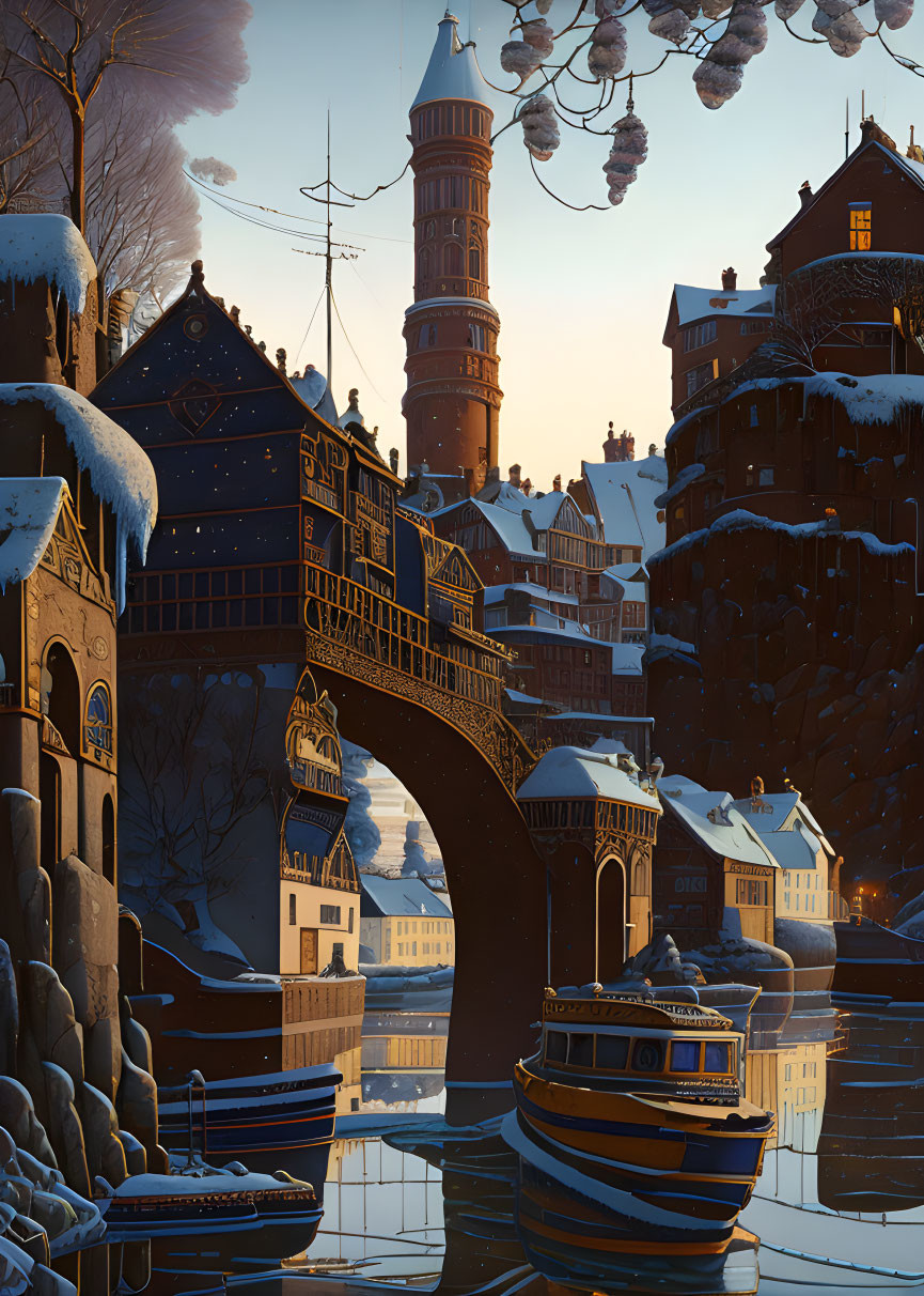 Snow-covered town with bridge, tower, and boat in serene twilight landscape