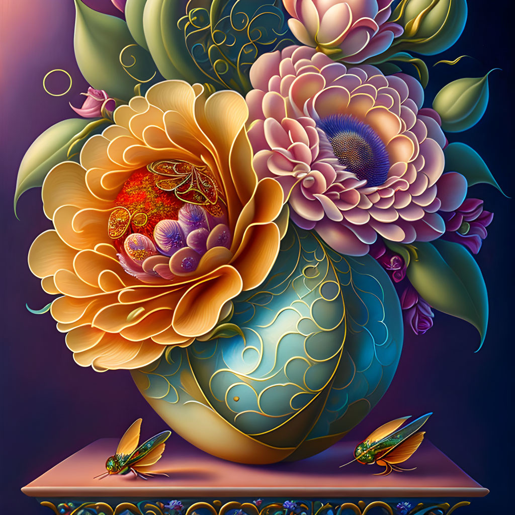 Colorful Digital Artwork: Stylized Flowers and Insects in Decorative Vase