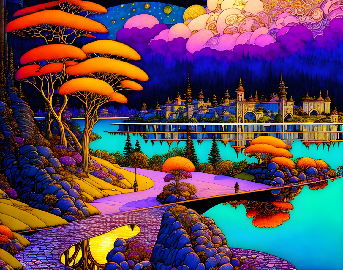 Colorful Fantasy Landscape with Person Walking, Stylized Trees, Reflective Lake, Ornate Buildings