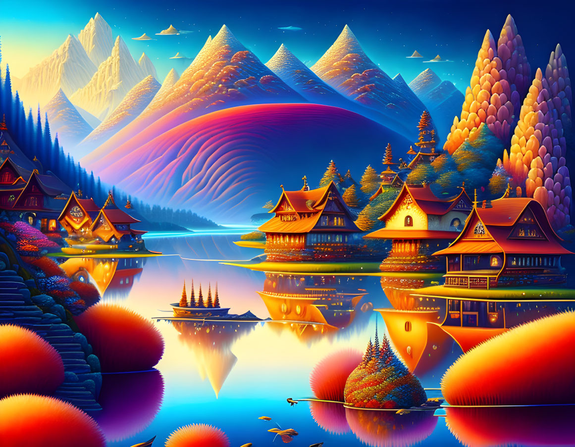 Colorful traditional houses by a calm lake in a fantasy landscape