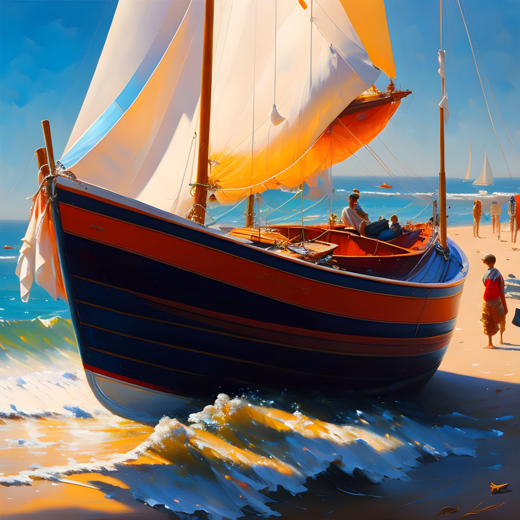 Colorful Sailboat Painting on Sunny Beach with People and Waves