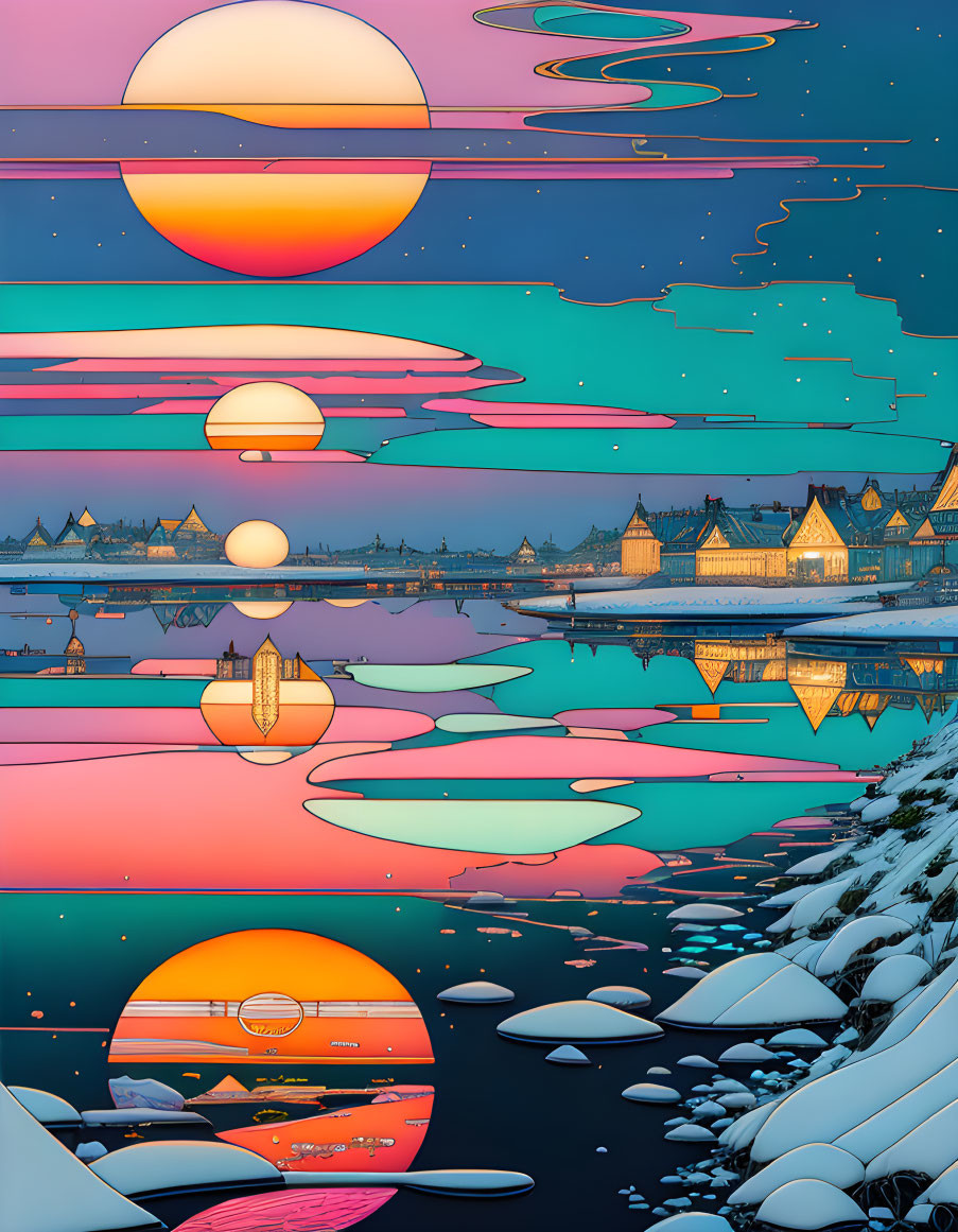 Surreal landscape with multiple suns, reflective lake, floating islands, and snowy village