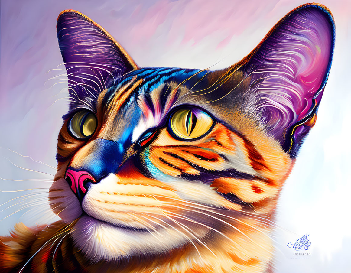 Colorful Tiger-Striped Cat Art on Purple Background