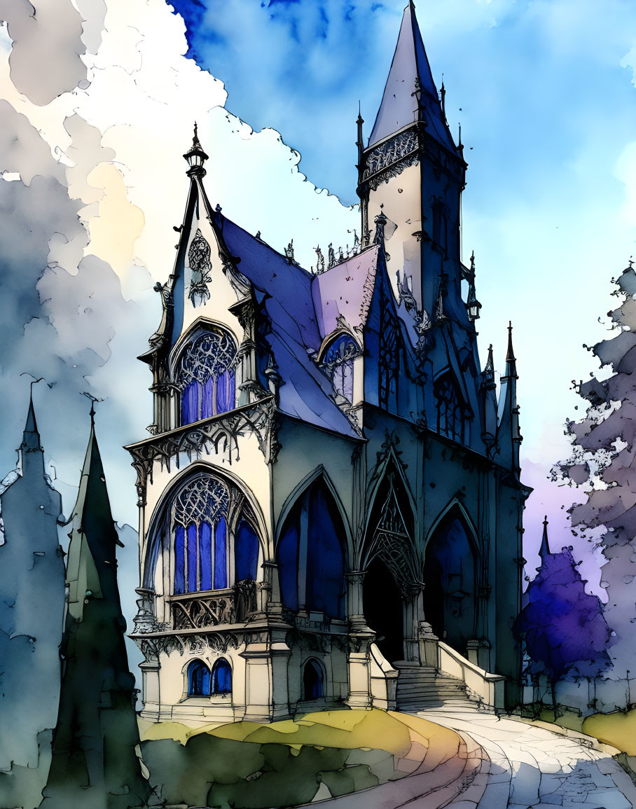 Gothic Cathedral Illustration with Stained-Glass Windows