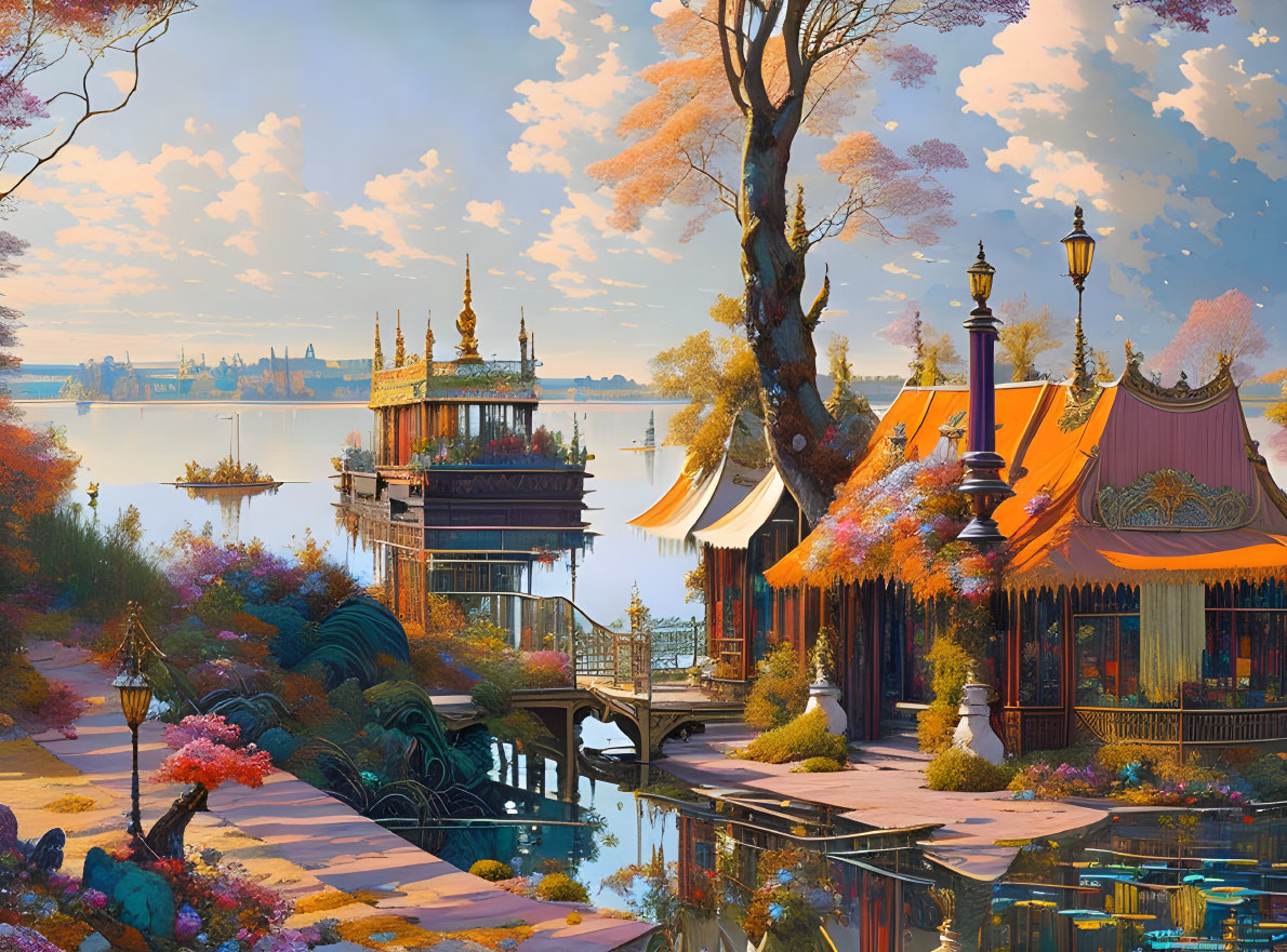 Tranquil lakeside view with colorful trees and ornate buildings