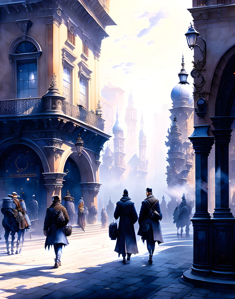 Historical city street illustration with fog, silhouetted figures, and ornate architecture.