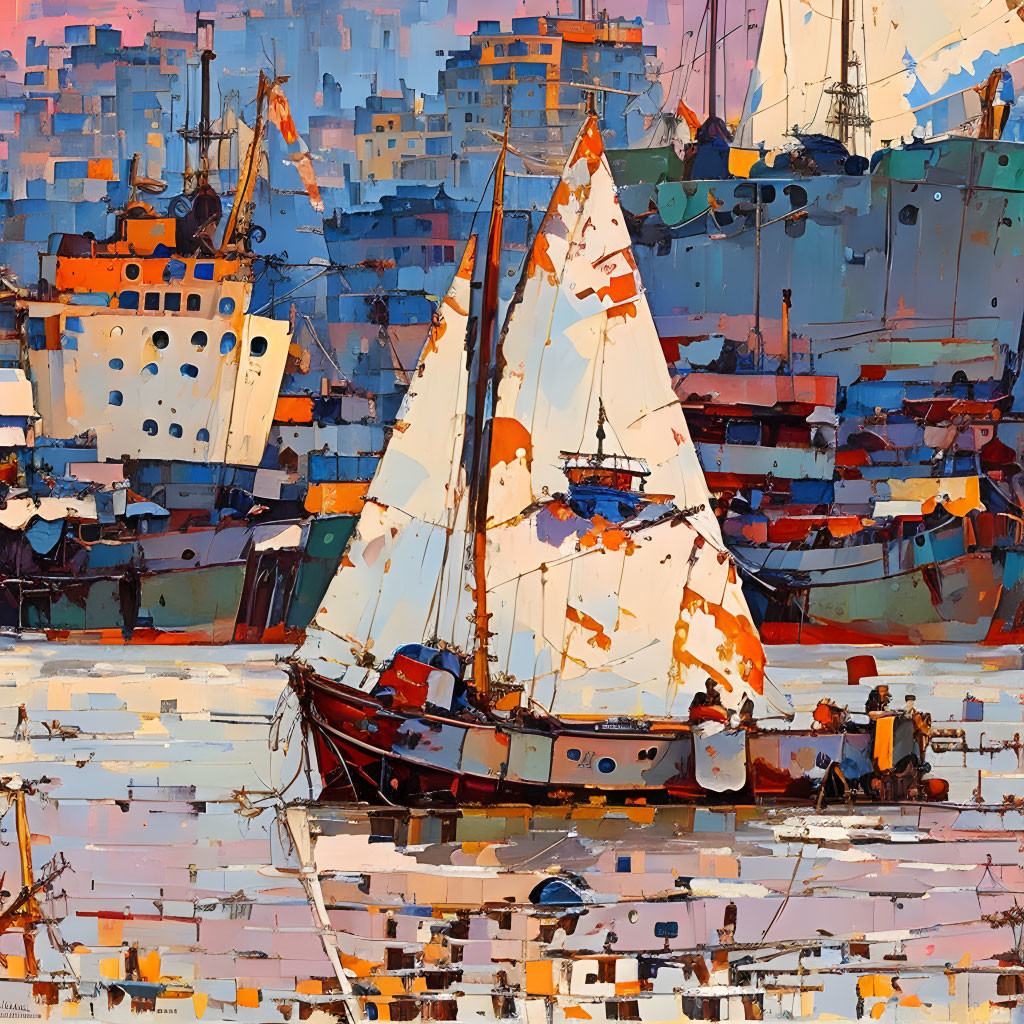 Vibrant impressionist sailboat painting in busy harbor