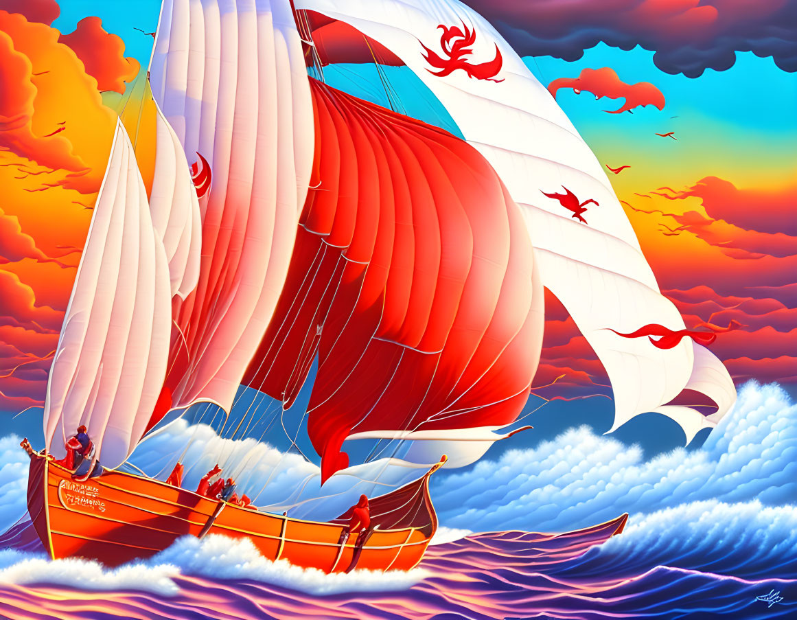 Illustration: Red-sailed ship with dragon designs on tumultuous sea at sunset