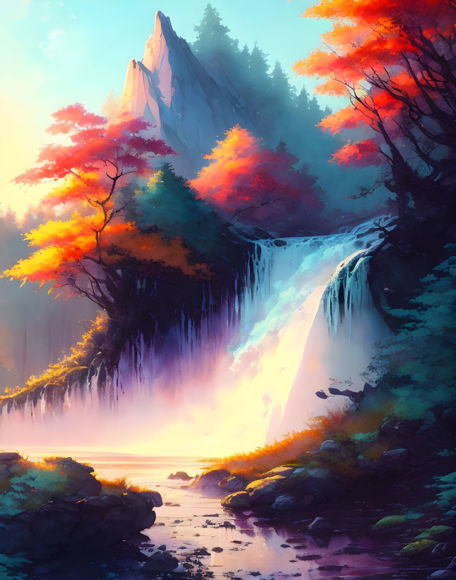 Vibrant digital painting: Cascading waterfall, autumn trees, glowing sunrise, mountain peak