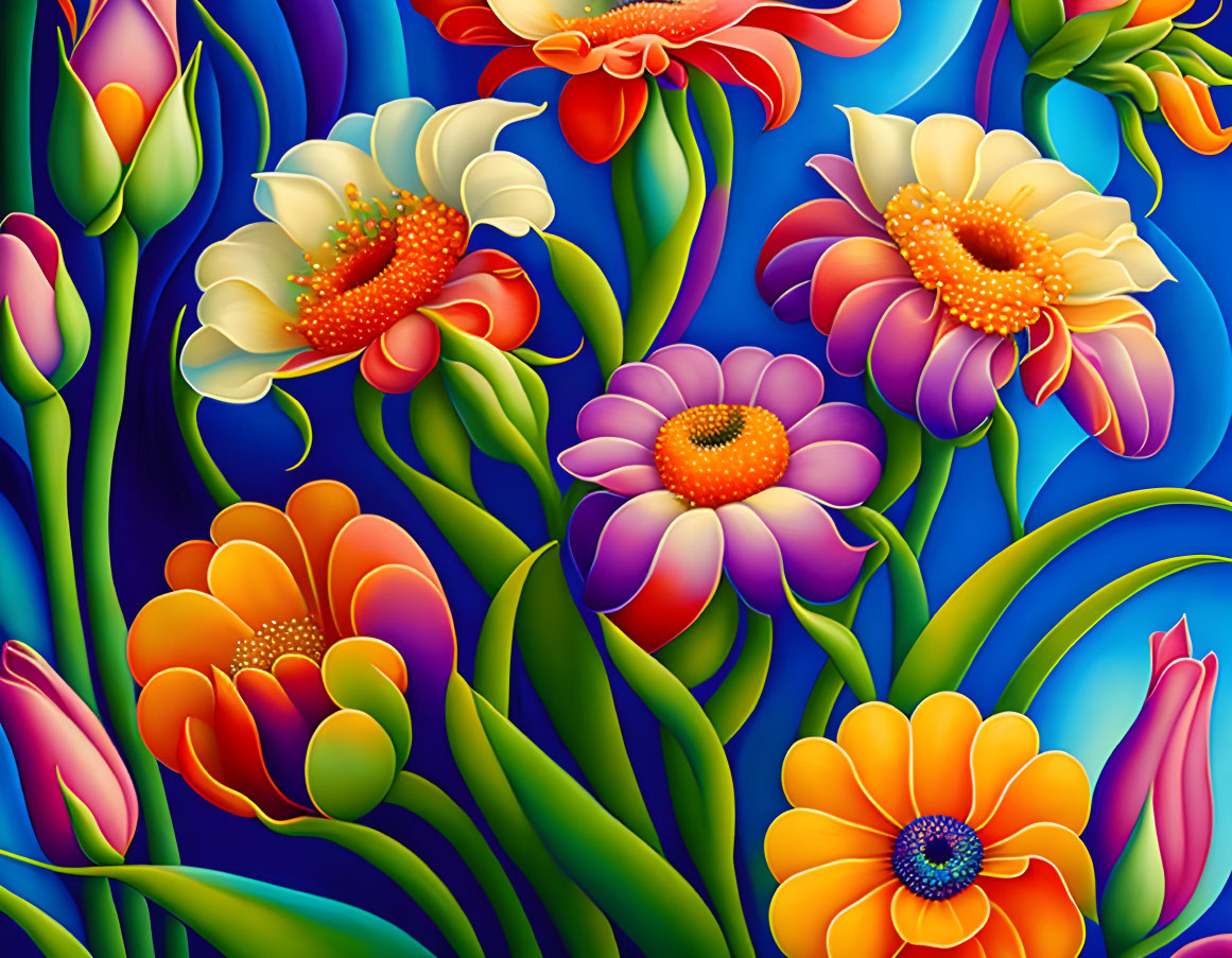 Colorful Flower Painting with Bold Red, Orange, Yellow, and Purple Tones