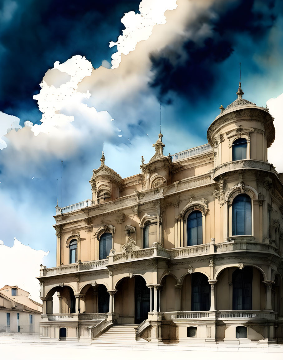 Vintage building with ornate architecture and balconies under dramatic sky