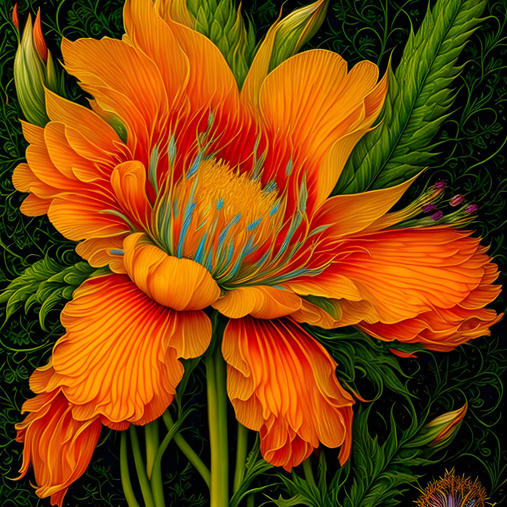 Detailed Orange Flower on Textured Green Background