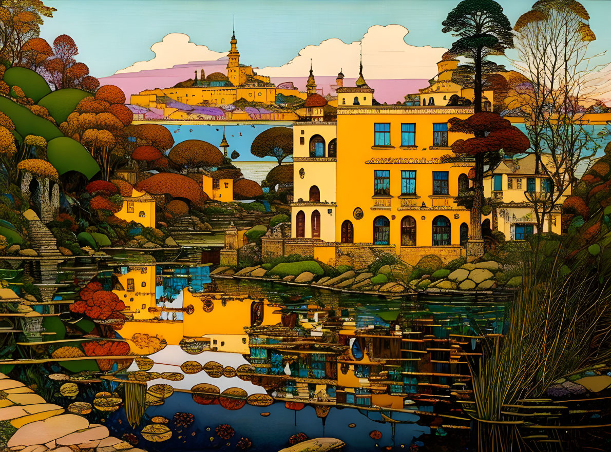 Colorful landscape with river, buildings, foliage, and castle at twilight