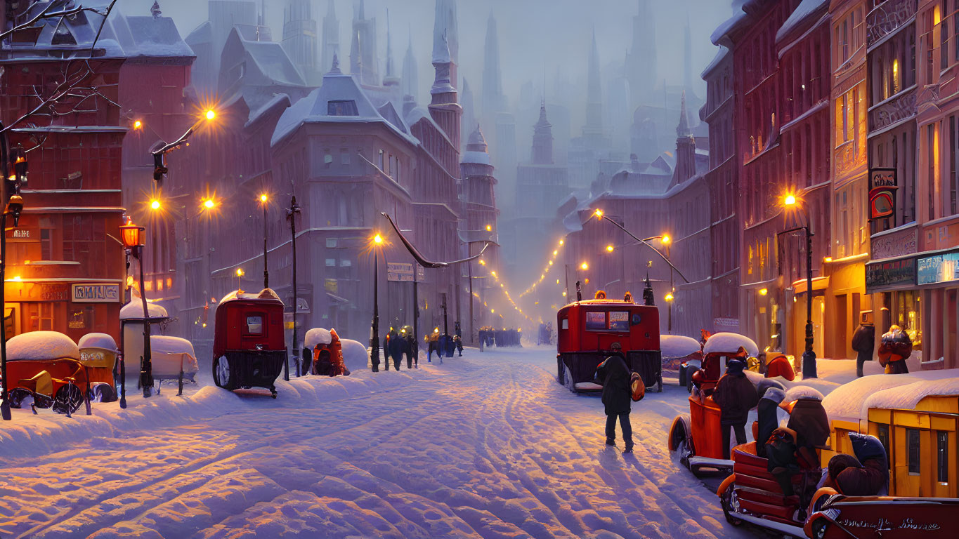 Snowy City Street Scene with Vintage Cars and Pedestrians