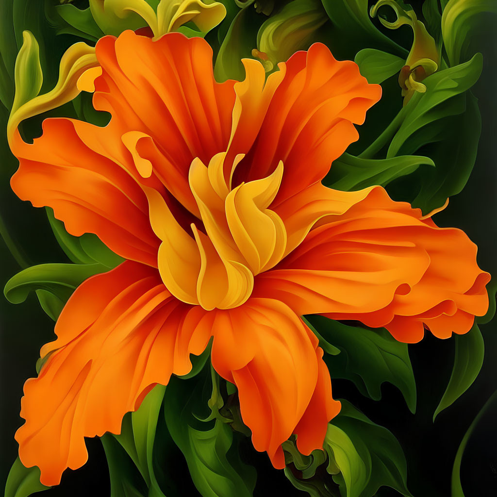 Colorful stylized orange flower with swirling petals and green foliage.