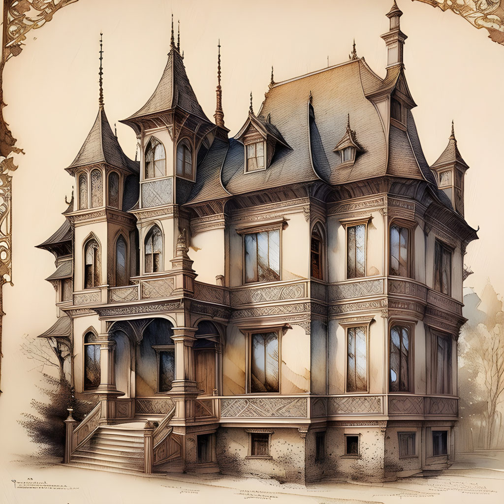 Victorian-style house illustration with gables, ornate trim, and grand staircase on sepia background