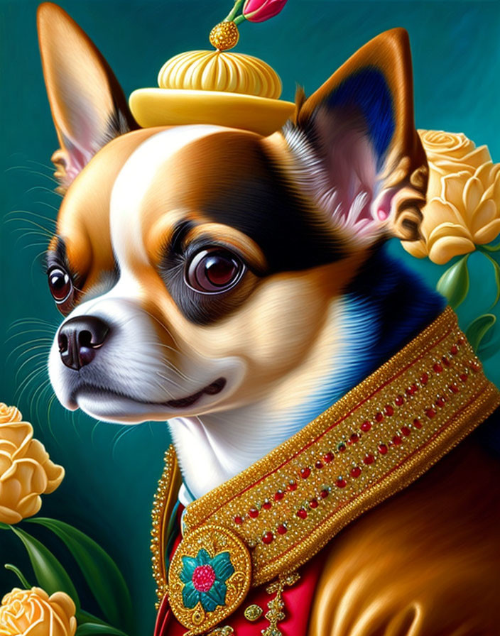 Stylized portrait of a royal Chihuahua in gold and jewels with rose background