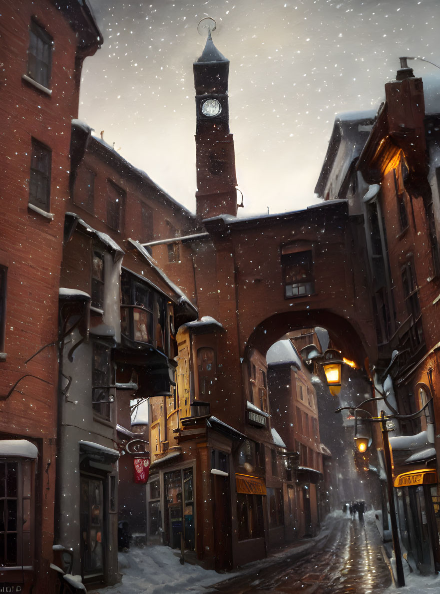 Snowy cobblestone street with clock tower and old brick buildings