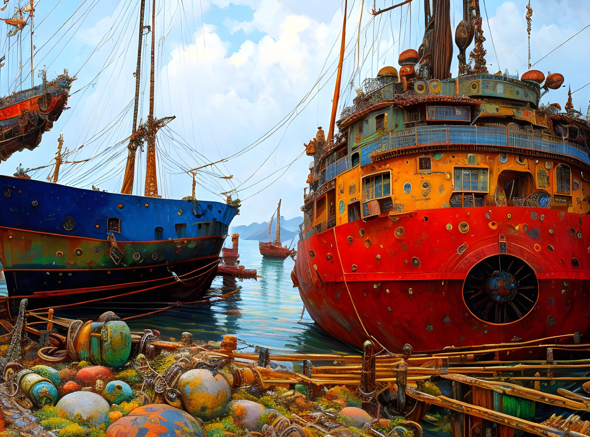 Colorful Steampunk Ships Docked in Harbor with Intricate Details