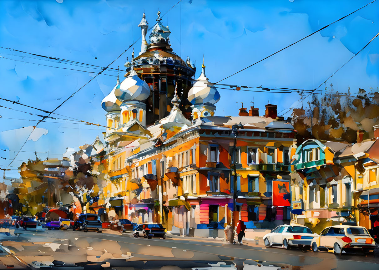 Colorful impressionistic cityscape with classic architecture and tram lines.