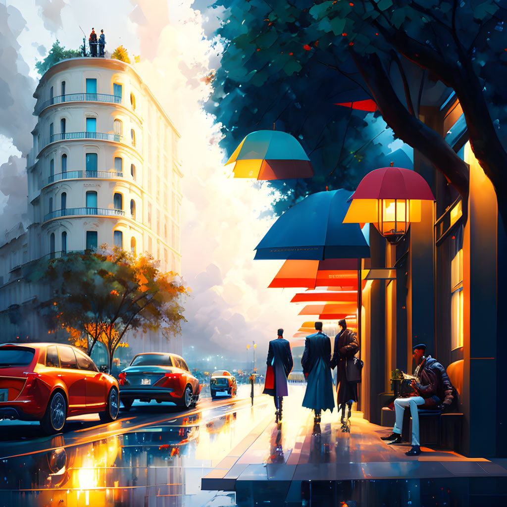 Colorful umbrellas, classic cars, pedestrians, and a lit café in a dusk street scene