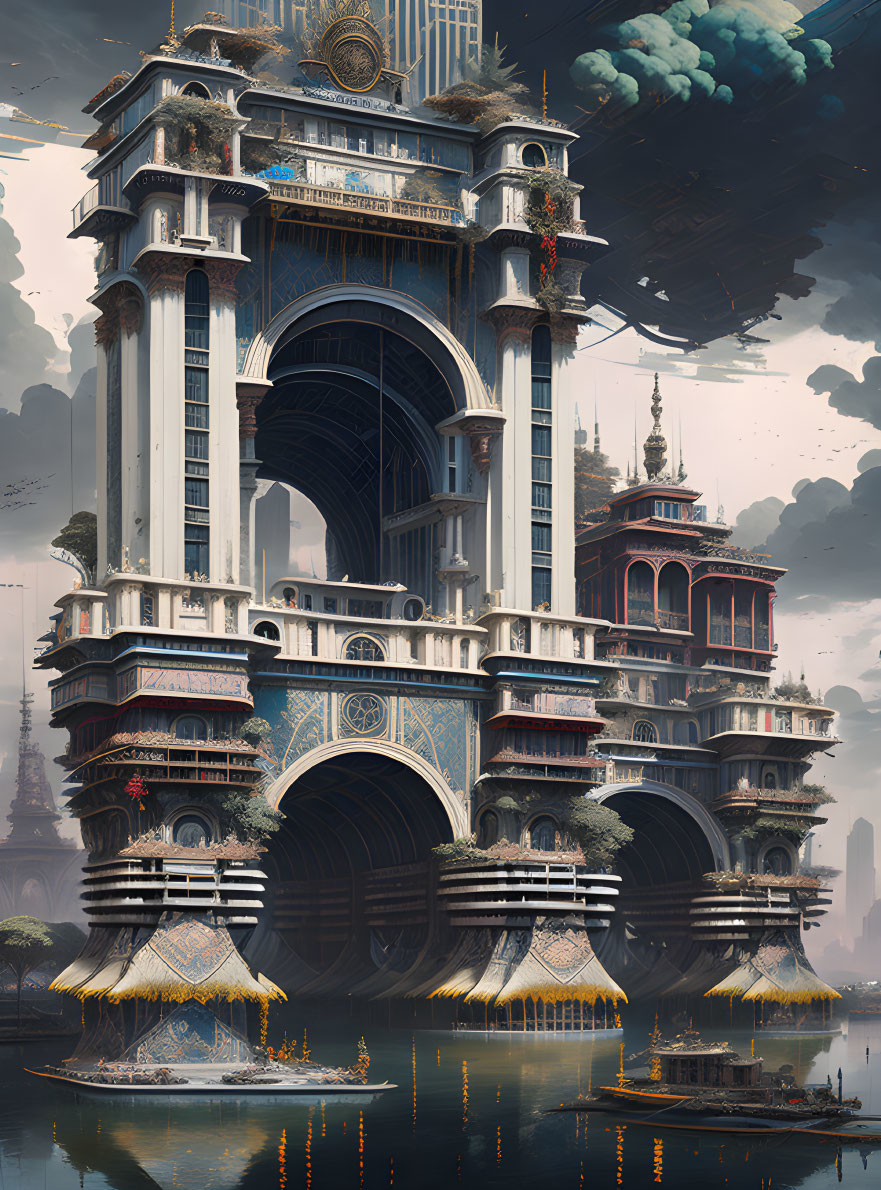 Towering ornate structure by water's edge under cloudy sky