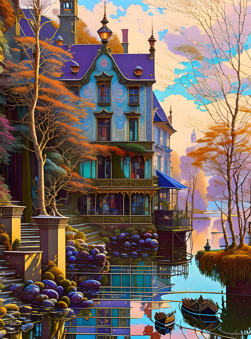 Victorian-style house by calm river with autumn trees and boats at sunset