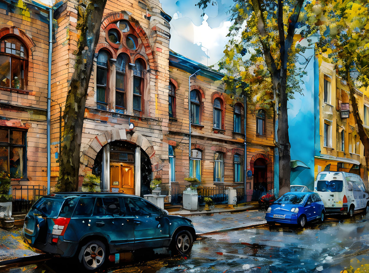 Colorful Autumn Street Scene: Historical Buildings, Parked Cars, Wet Pavement, Falling Leaves,