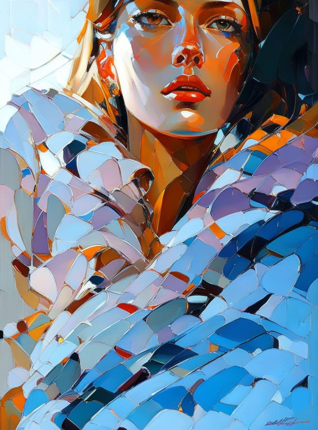 Colorful Portrait of Woman in Reflective Mosaic-Like Shawl