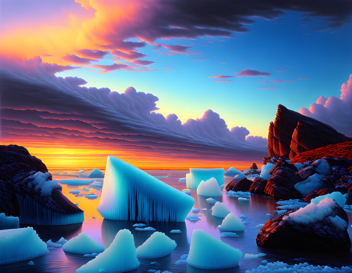 Vibrant digital landscape: Sunset skies, ocean, icebergs, rocks