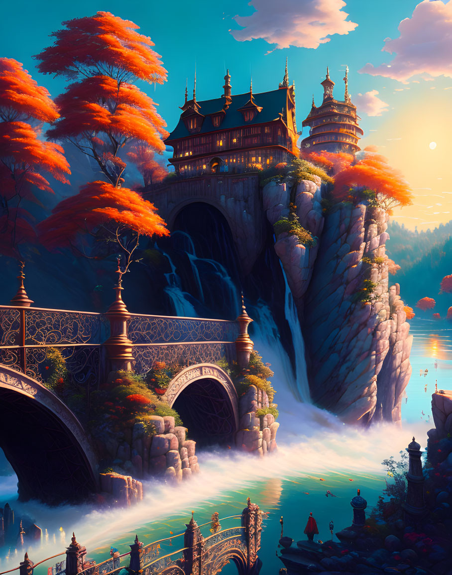 Fantastical castle on cliff with waterfalls, autumnal trees, ornate bridge, sunset sky