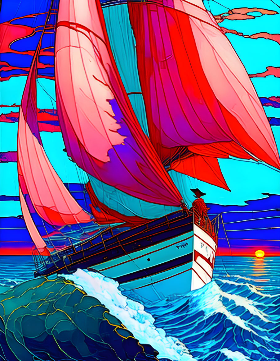 Colorful Digital Artwork: Sailing Ship with Red Sails on Blue Sea