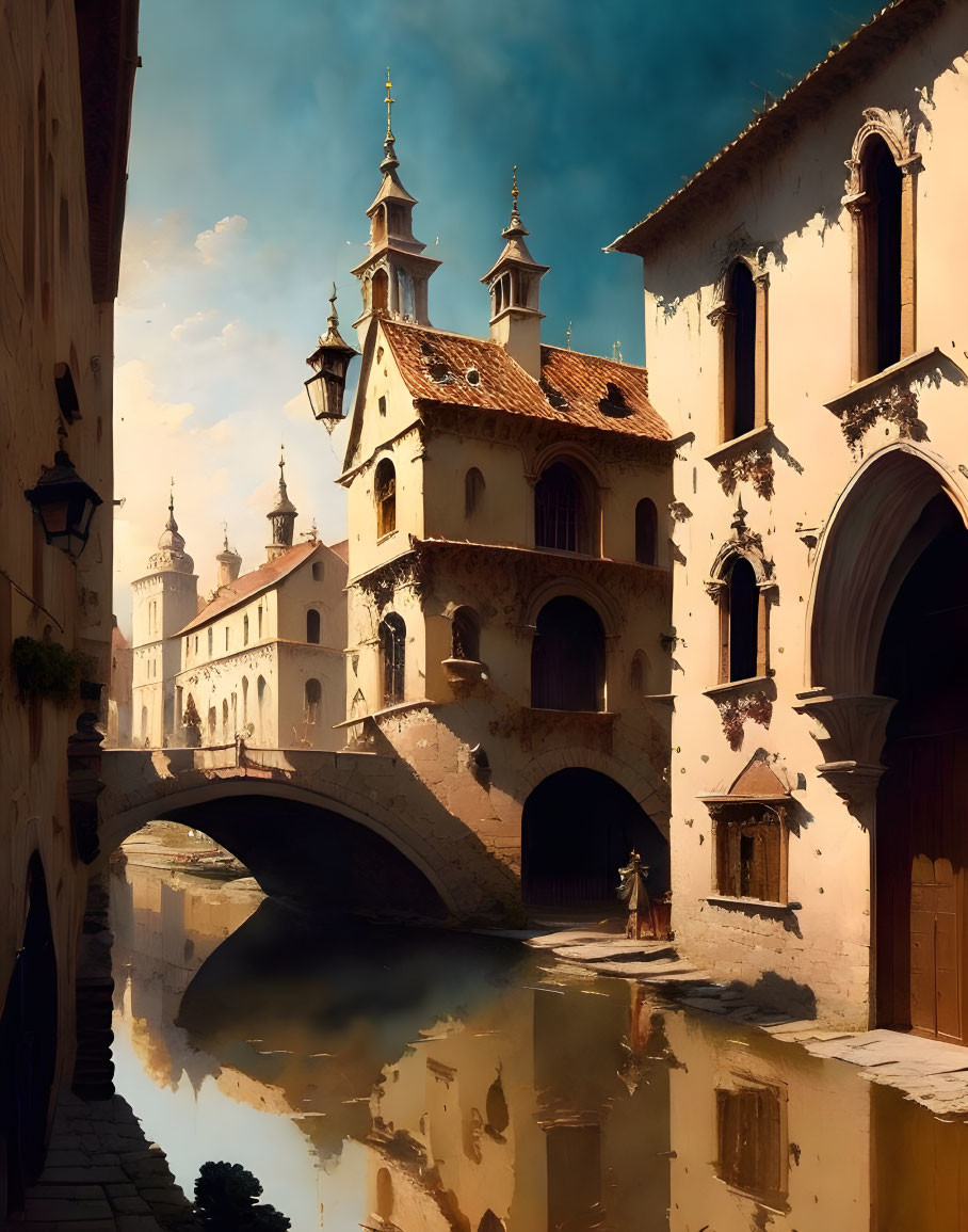 Historical European Town: Bridge, River, Sunlight