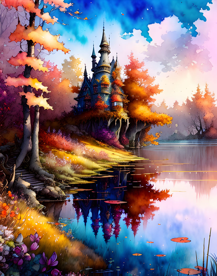 Fantasy castle surrounded by autumn trees and a reflective lake