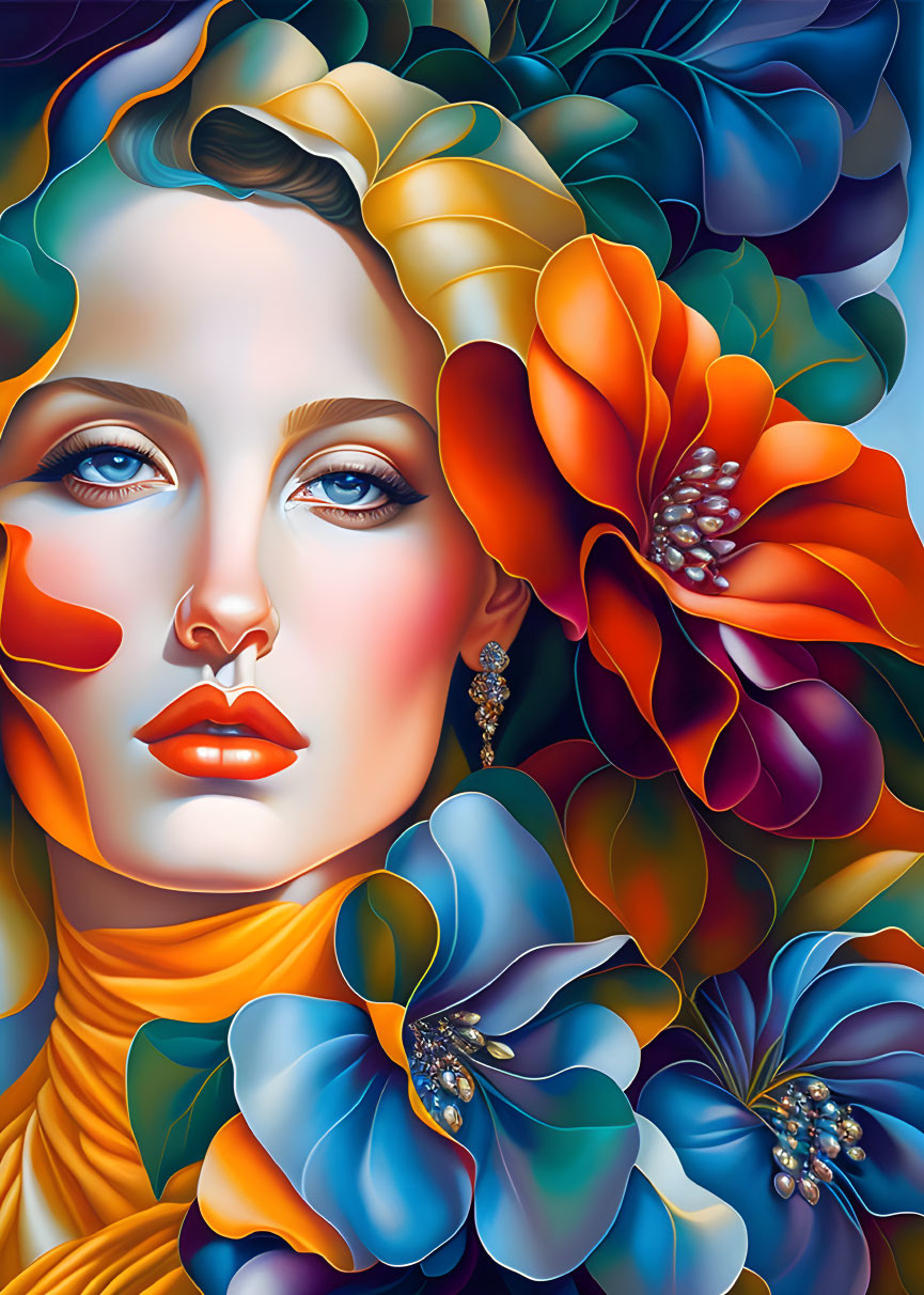 Colorful Stylized Portrait of Woman with Blue Eyes and Vibrant Flowers