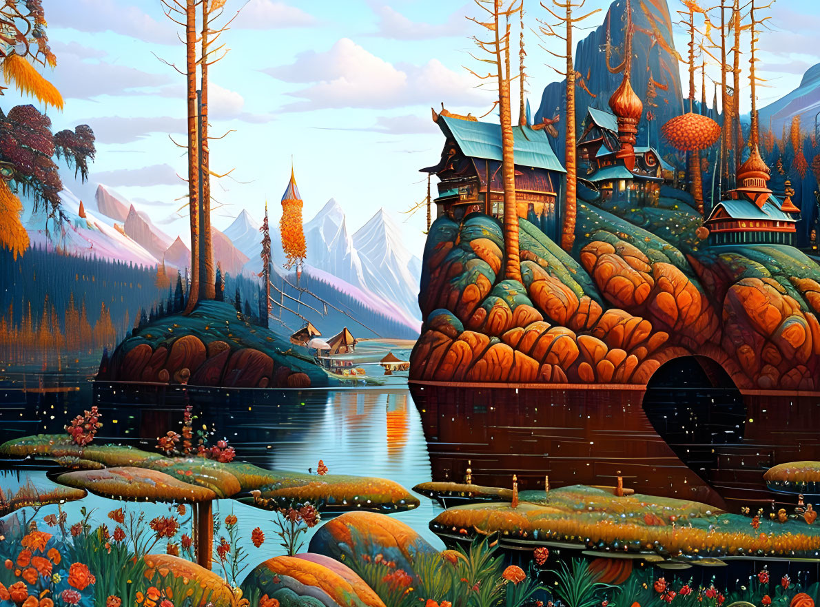 Fantastical landscape with vibrant buildings and colorful flora