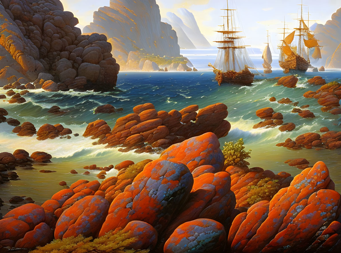 Tall ships in turbulent waters near rocky coast with red-orange lichen-covered boulders