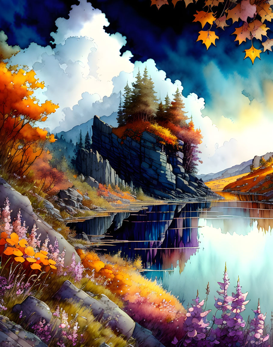 Colorful Autumn Landscape with Cliff, Trees, and Lake