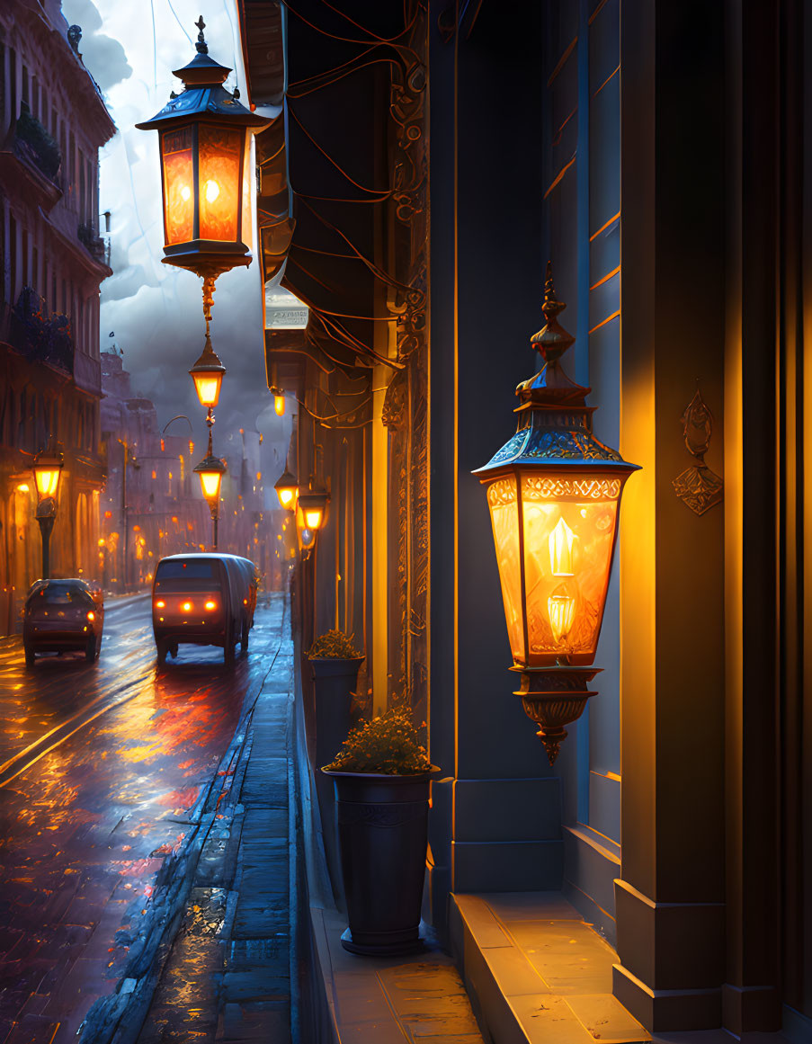 Vintage lamps light rainy city street at night