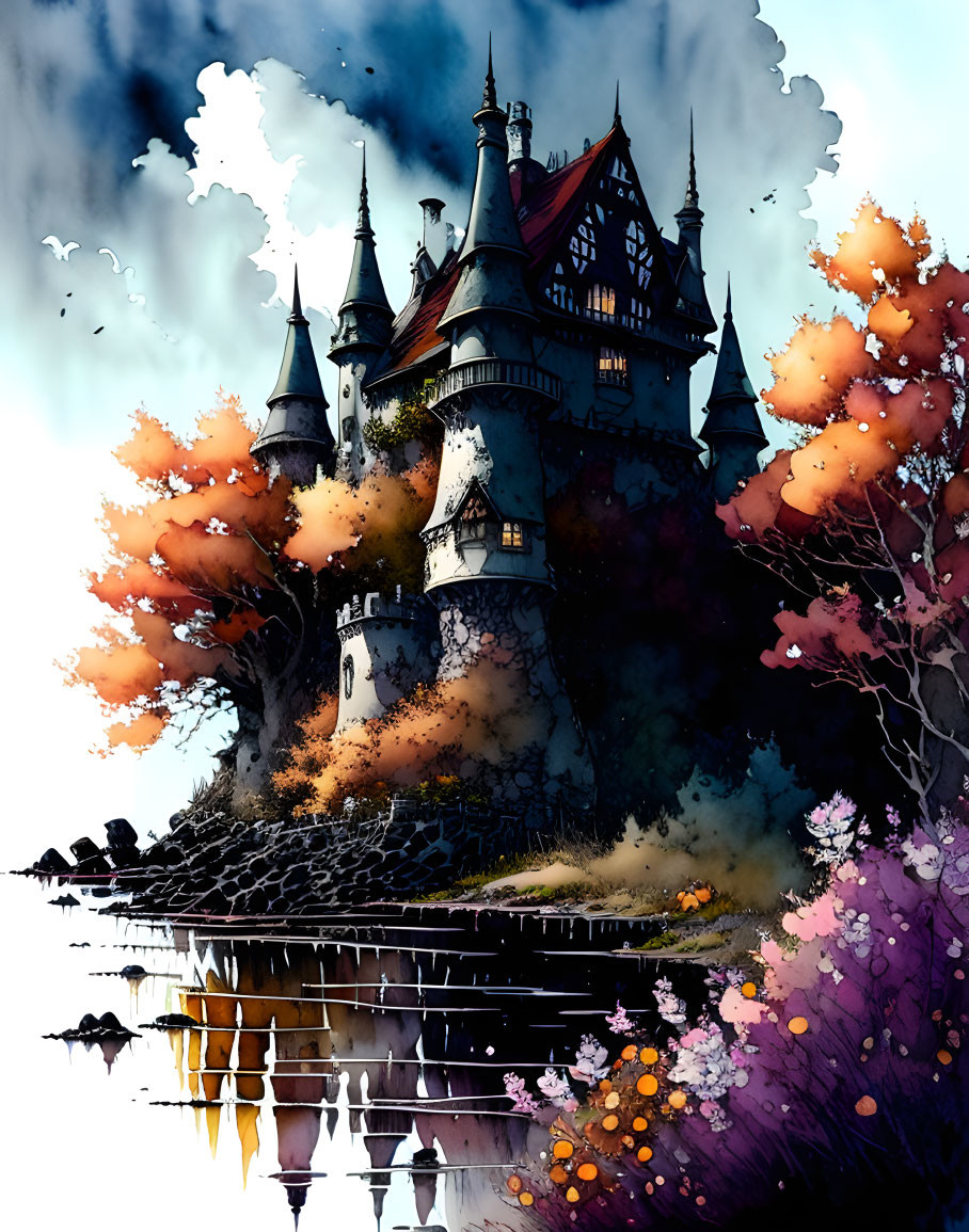 Castle with spires and autumn trees by tranquil lake in watercolor