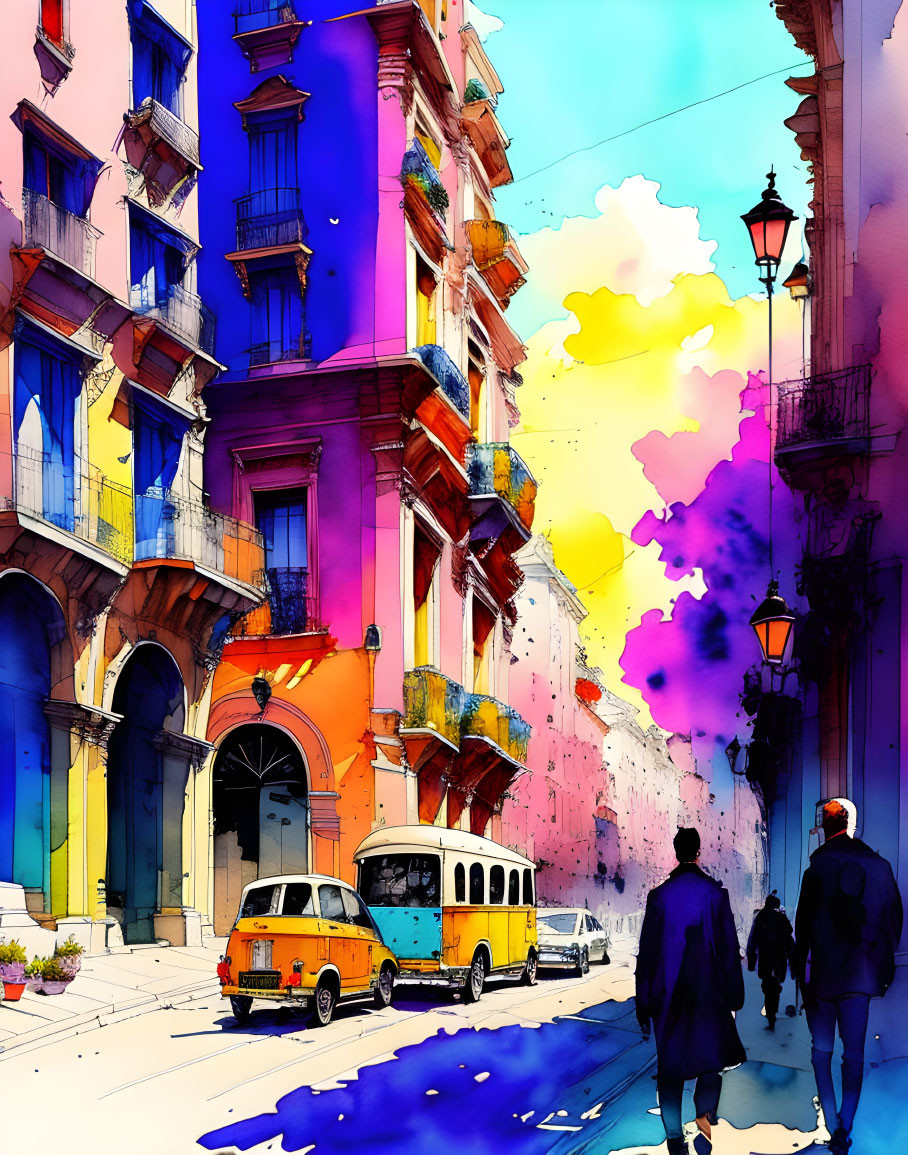 Colorful Watercolor Street Scene with Buildings, Car, Trolley, and People